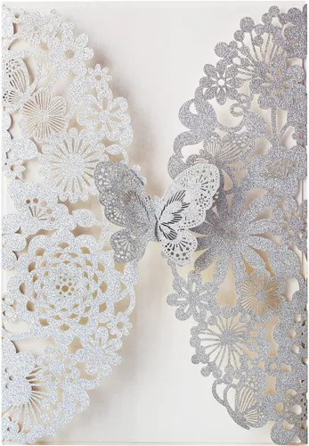 Miniatura 11 de Hosmsua 50 invitaciones de quinceañera de mariposa azul rey y sobre de 5.12 x 7.3 pulgadas, corte láser, flora de encaje, invitación de quinceañera