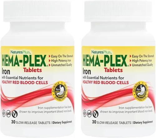 NaturesPlus Hema-Plex Iron - 30 tabletas de liberación lenta, paquete de 2, salud total de la sangre, 85 mg de hierro quelado, con vitamina C y