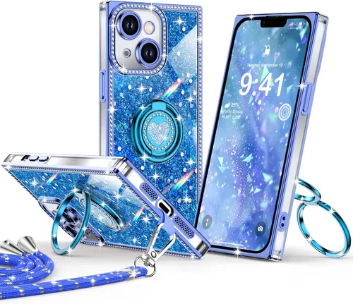 Miniatura 19 de XYZ Funda para iPhone 13, con purpurina brillante con soporte de corazón de 2 anillos y cordón, funda protectora a prueba de golpes con diamantes