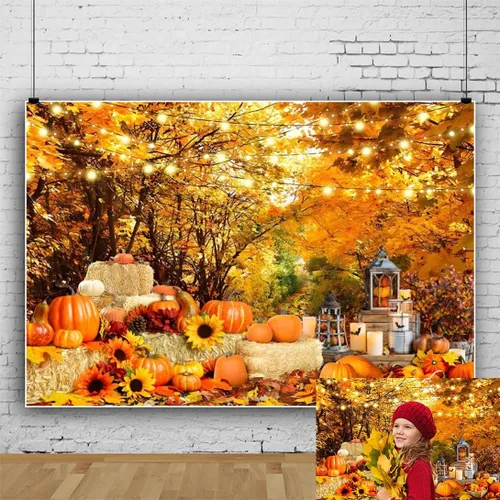 Telón de fondo de paisaje de bosque otoñal para fotografía, paisaje de otoño, hojas de día de Acción de Gracias, calabaza, girasol, fondo