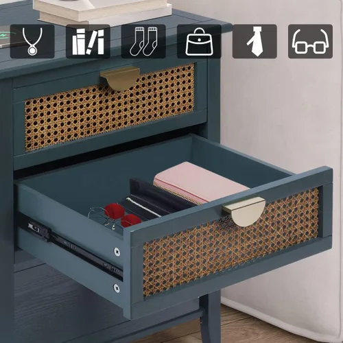 Miniatura 7 de Mesita de noche de ratán con 2 cajones con asas de metal para sala de estar, dormitorio, lugar pequeño, verde