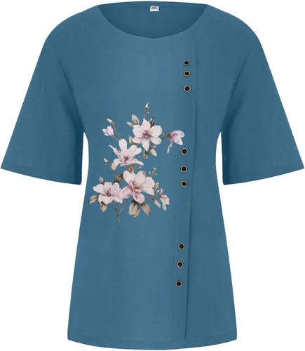 Miniatura 2 de Camisetas casuales para mujer, de manga corta, cuello redondo, algodón, lino, casual, mariposa, verano