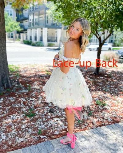Miniatura 4 de Fivsole Vestido corto con bordado de flores para adolescentes, vestido de tul con tirantes delgados, mini formal, cóctel, fiesta de noche, vestidos