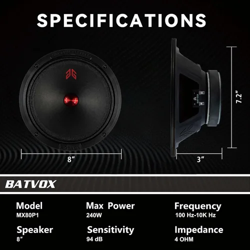 Miniatura 3 de MX80P1 - Altavoz de rango medio de 8 pulgadas, tapa antipolvo roja, 480 W máximo, 4 ohmios, altavoces de puerta de audio de alta calidad para coche