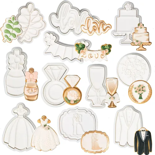 Miniatura 27 de Juego de 11 cortadores de galletas de amor con sello 3D de ácido poliláctico (PLA) para cocina, pastel, vestido de boda, formas de anillo de amor