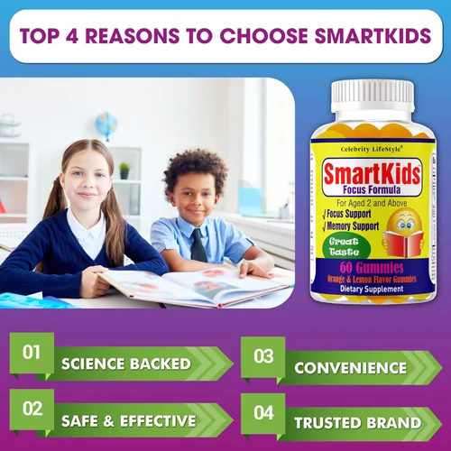 Miniatura 4 de SmartKids - Gomitas de refuerzo cerebral para niños y adolescentes, suplemento cerebral, vitaminas en gomitas para niños con enfoque cerebral, DHA