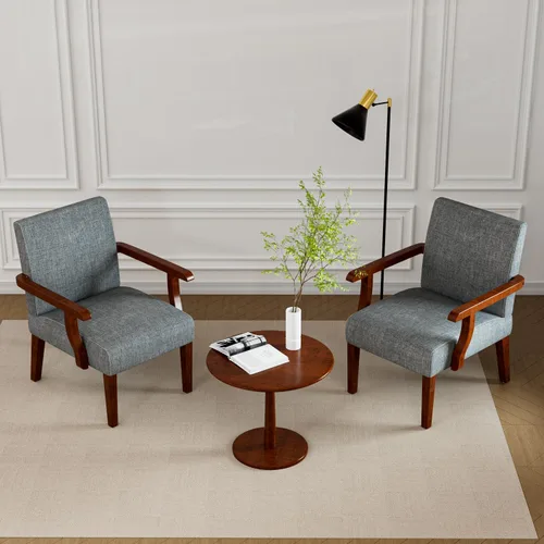 Miniatura 8 de Juego de 2 sillas decorativas con mesa a juego, sillas laterales tapizadas de lino de madera maciza para sala de estar, dormitorio, sala de espera