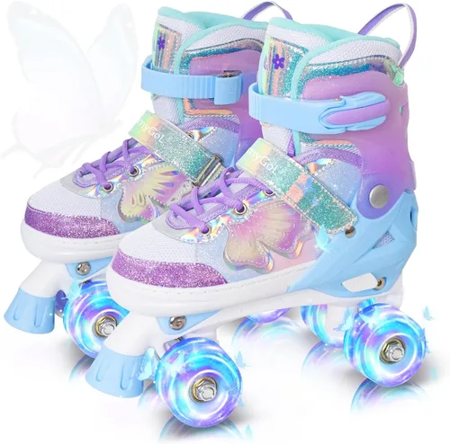 MammyGol Patines de ruedas para niños y niñas, patines ajustables para niños con hermosas mariposas, principiantes de 3 a 16 años de edad, patines