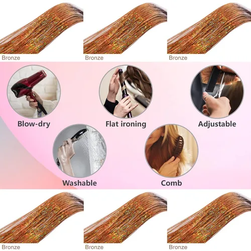 Miniatura 2 de Kit de oropel de cabello marrón con herramientas e instrucciones, fácil de usar, 1200 mechones, 48 pulgadas, extensiones de cabello con purpurina