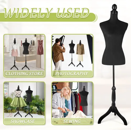 Miniatura 6 de Forma de vestido de torso de maniquí de tela femenina con soporte de base de trípode de madera, cuerpo de maniquí ajustable de 52 a 67 pulgadas