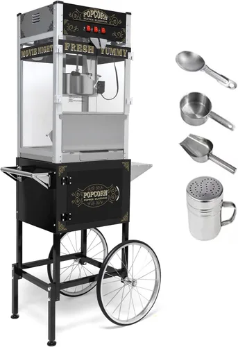 Máquina comercial de palomitas de maíz con carrito y hervidor de 20 onzas, máquina vintage de palomitas de maíz de 1440 W sobre ruedas con vidrio
