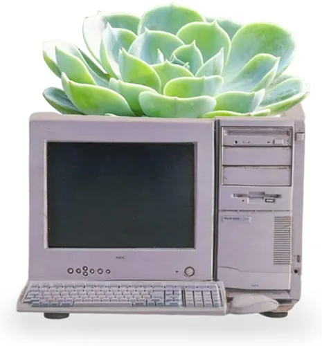Jarrón creativo con forma de computadora antigua, vintage, divertido, para decoración del hogar, sala de estar, oficina, regalo (sin plantas)