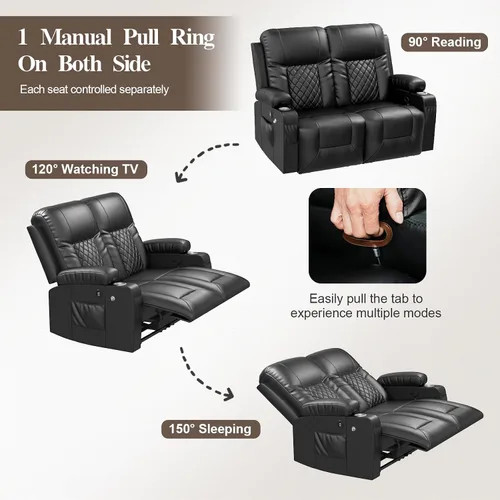 Miniatura 5 de Furnimat Juego de sofá reclinable con 2+1 piezas para sala de estar, sofá reclinable de 2 plazas en cuero, 1 silla reclinable con asiento de sofá