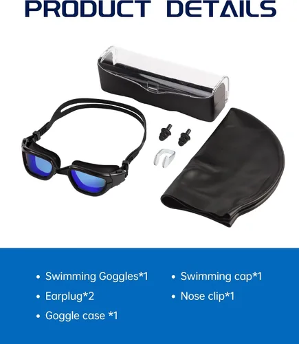 Miniatura 7 de Gafas de natación, gafas para adultos con gorro de natación, clip de nariz y tapones para los oídos, protección UV, lente antivaho y funda
