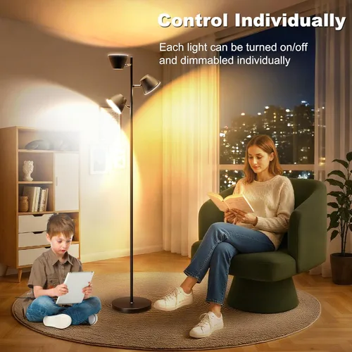 Miniatura 2 de Lámpara de pie LED de árbol de 42 W, 4200 lúmenes, lámparas de pie súper brillantes para sala de estar con control remoto y táctil, 3 luces Negro