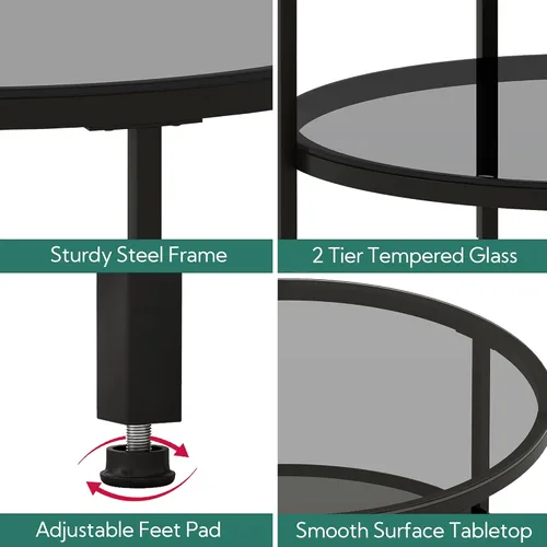 Miniatura 6 de Yusong Mesas de centro redondas de vidrio para sala de estar, mesa auxiliar circular de 2 niveles con almacenamiento, mesa central moderna de 26