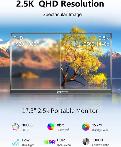 Miniatura 3 de MAGICRAVEN Monitor portátil de 2.5 K, pantalla de computadora portátil QHD IPS de 17.3 pulgadas, VESA USB C HDMI segunda pantalla de juegos con 2