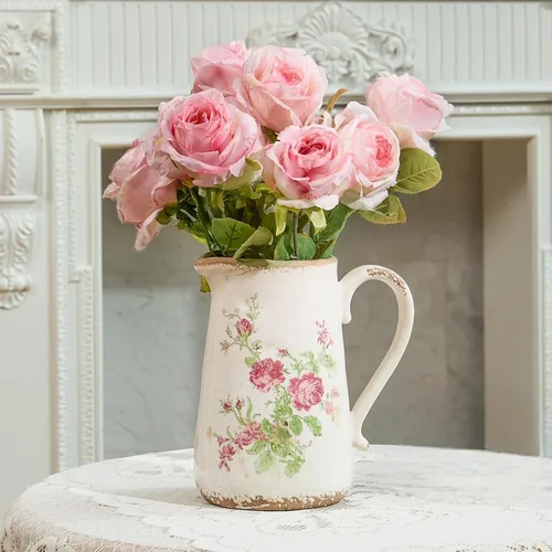 Miniatura 13 de Jarrón floral de cerámica verde y blanco con asa, jarrón rústico de granja, florero floral chinoiserie para decoración del hogar, sala de estar