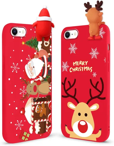 Miniatura 22 de Paquete de 2 fundas navideñas lindas para iPhone 13 Pro, patrón rojo 3D de muñeco Papá Noel muñeco de nieve Feliz Navidad de silicona suave TPU