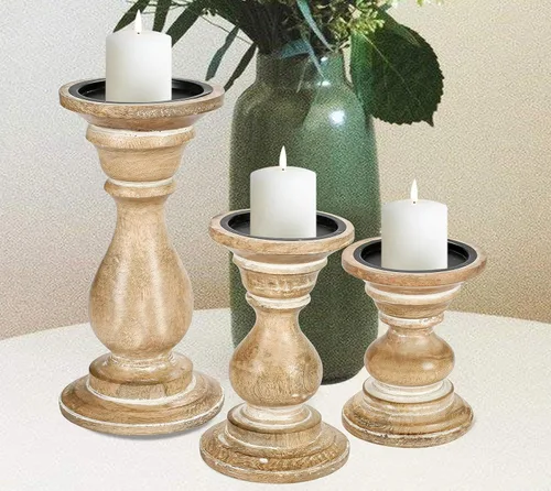 Miniatura 12 de Juego de 3 portavelas de pilar de madera hecho a mano, ideal para velas LED y pilares, regalo para bodas, Navidad, fiestas, hogar, spa, reiki