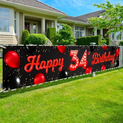 Miniatura 75 de Cartel de feliz cumpleaños número 10 color rojo y negro, globos para decoración temática para patio, jardín, niñas, mujeres, princesas, decoraciones