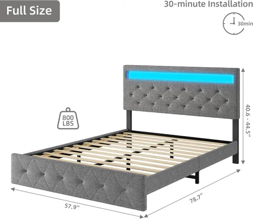Miniatura 2 de Base de cama matrimonial con cabecera de luces LED, marco de cama LED con puerto USB de carga rápida, marco de cama tapizado de plataforma,