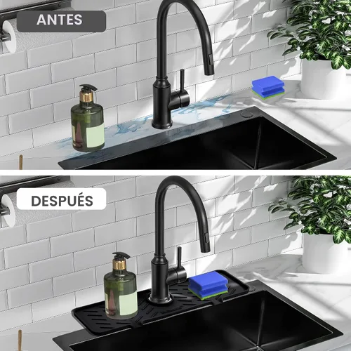 Miniatura 5 de Alfombrilla de Silicona para Grifo de Fregadero de Cocina – Gen 2 Protector contra Salpicaduras con Salida y Pendiente Mejoradas – 18" x 5.1" Negro