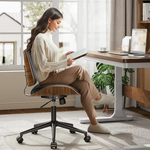 Miniatura 7 de YaFiti Silla de oficina sin brazos, silla de escritorio moderna de mediados de siglo con respaldo de madera de nogal y elevación de gas SGS nivel 3