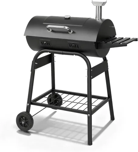 Outvita Asador de carbón en barril con rejilla para calentar, parrilla de barbacoa al aire libre con mesa lateral delantera con amplia área de