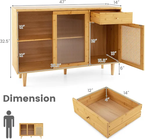 Miniatura 2 de Armario de buffet con almacenamiento, aparador de cocina con puertas correderas y cajón, mesa consola de ratán, barra de café para el hogar, sala
