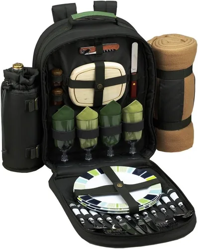 Picnic at Ascot - Mochila de picnic ecológica para 4 personas equipada de lujo con enfriador, soporte de vino aislado y manta - Verde bosque
