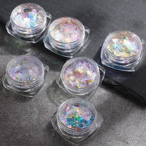 Miniatura 7 de Polvo de uñas cromado iridiscente, 6 cajas de copos de ópalo de fuego de cristal para arte de uñas, lentejuelas holográficas de sirena con purpurina