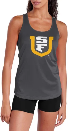 Miniatura 282 de Camiseta deportiva sin mangas oficial de la NCAA Collegiate para mujer, con espalda cruzada, logotipo primario, colección carbón