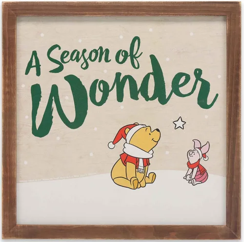 Disney Winnie the Pooh and Piglet Season of Wonder - Decoración de pared de madera enmarcada - Adorable decoración navideña de Winnie the Pooh para