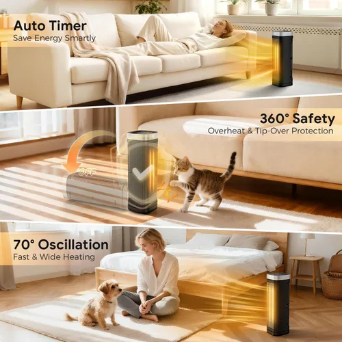 Miniatura 3 de Calentador de espacio de 17 pulgadas, calentadores eléctricos de 1500 W para uso en interiores con termostato, oscilación de 70°, 5 modos, control