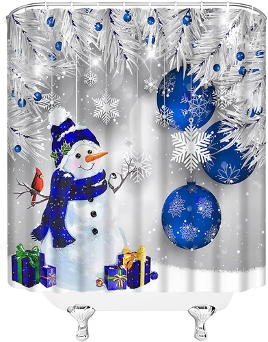 Miniatura 3 de GCTNBJL Cortina de ducha de muñeco de nieve de Navidad, muñeco de nieve azul, bola de Navidad, pino, copo de nieve, pájaro, vacaciones de invierno