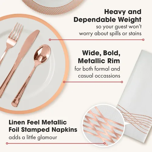 Miniatura 5 de By Madee PREMIUM - Juego de vajilla desechable elegante – Juego de platos y utensilios de plástico de oro rosa de 175 piezas con servilletas