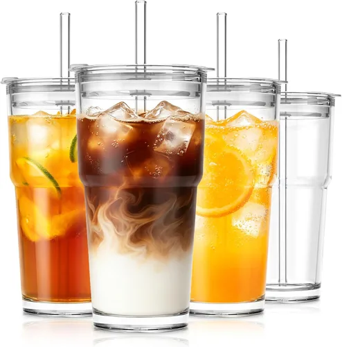 Miniatura 12 de SoulTimes Vaso de vidrio de flor de begonia de 20 onzas con tapas y popotes, 2 tazas de vidrio para café helado para batidos, matcha, jugo, agua
