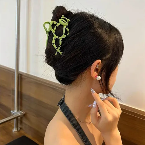 Miniatura 4 de Paquete de 2 pinzas de metal grandes para cabello grueso y fino, pasadores antideslizantes de sujeción fuerte, bonito diseño de rana verde