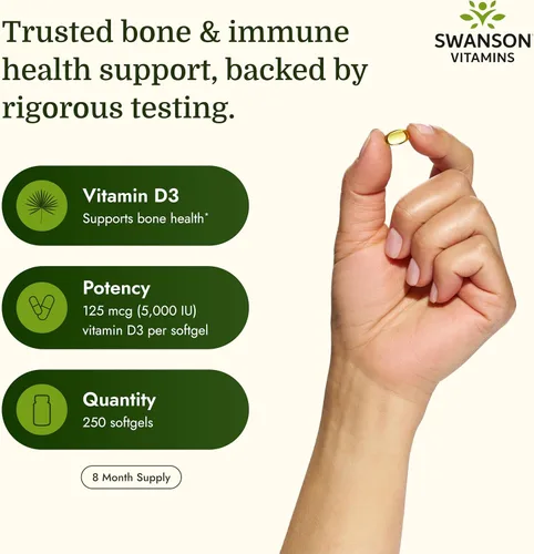 Miniatura 3 de Swanson Vitamina D3 Suplemento de salud ósea, inmune y cardíaca de 5,000 UI para adultos privados de sol que buscan apoyo óseo, inmunológico