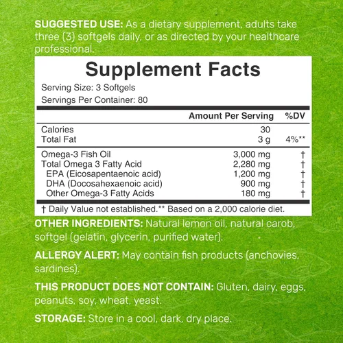 Miniatura 2 de DEAL SUPPLEMENT Suplementos de Aceite de Pescado Omega 3, 3,000mg por Porción, 240 Cápsulas Blandas – EPA 1,200mg + DHA 900mg – Píldoras sin