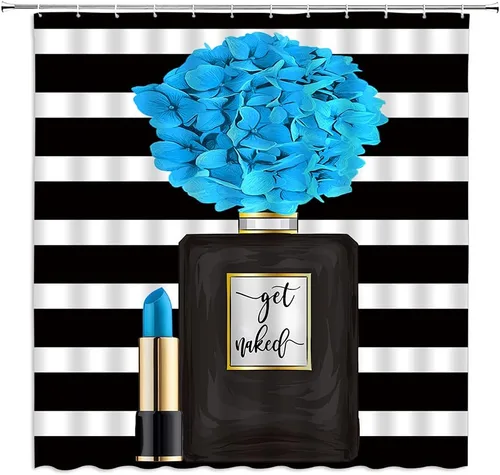 Miniatura 11 de Cortina de ducha negra con diseño de flores para niña, mujer, pintalabios, encantadora decoración de baño, juego de baño con gancho, 36 pulgadas