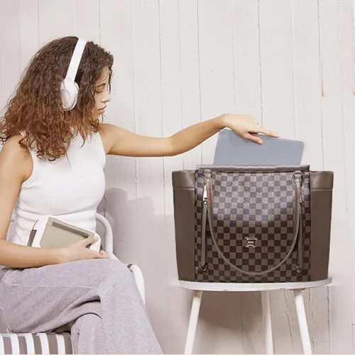 Miniatura 8 de Miss Fong Bolso de pañales de cuero con diseño a cuadros, mochila de gran capacidad para mamá, bolso hospitalario, con 12 bolsillos, bolso de viaje