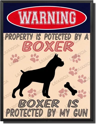 Miniatura 34 de LIUAXICIA Letreros divertidos de metal con texto en inglés "Warning Property is Potected by A American Bulldog is Protected by My Gun" The Coffee