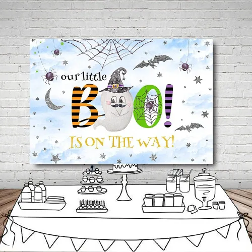 Miniatura 6 de MEHOFOND Fondo de Halloween de 7 x 5 pies para baby shower, fondo azul y plateado para fiesta de otoño, decoración de mesa, suministros