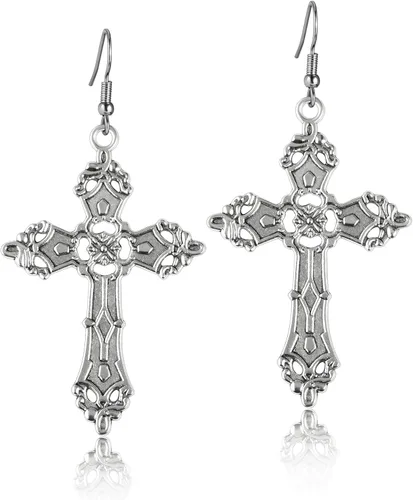 Aretes de cruz gótica para mujer, aretes góticos negros, aretes góticos, aretes punk vintage, aretes colgantes de cruz de plata, joyería gótica para