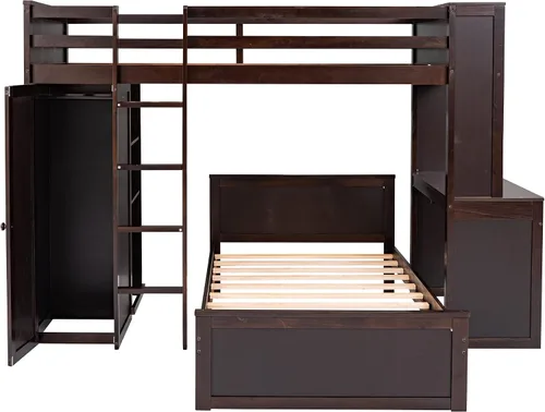 Miniatura 4 de Cama tipo loft multifuncional de tamaño individual con una cama y escritorio independientes, cama tipo loft de madera maciza con estantes y armario