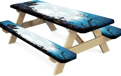 Miniatura 26 de Mantel ajustable para mesa y banco de pícnic de Halloween, diseño de fantasma, impermeable, 28 x 72 pulgadas, juego de 3 piezas, mantel ajustable al