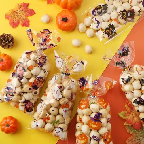 Miniatura 4 de Pajean Bolsas de celofán de Halloween a granel, bolsas de plástico para violonchelo con lazos giratorios, suministros de fiesta temática