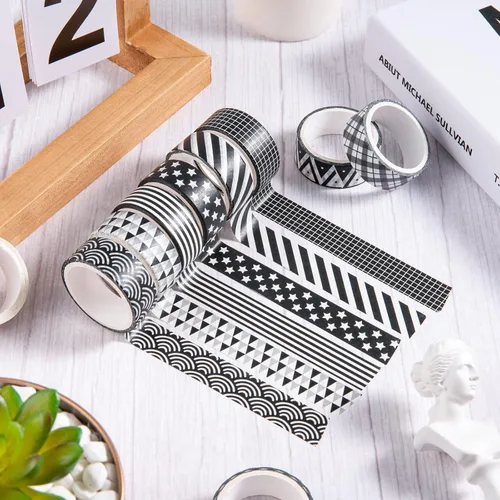 Miniatura 4 de Whaline 10 rollos de cintas Washi de color blanco y negro a cuadros, rayas, estrellas, Washi, cinta adhesiva decorativa de patrón geométrico surtido